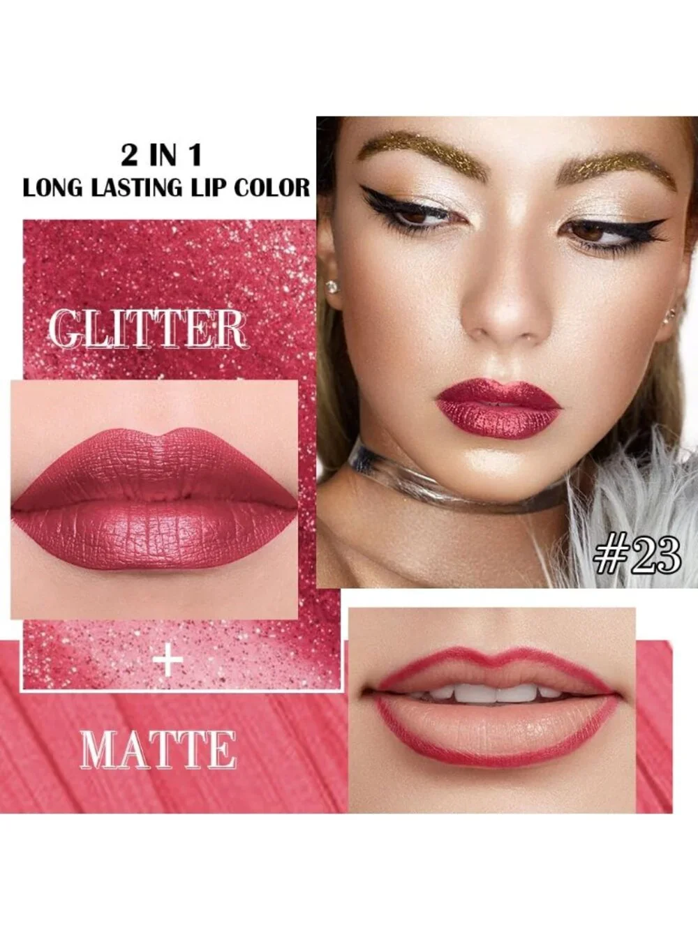 Women's 23# Burgundy-Shimmer 2-in-1 Metallic Long Lasting Lipstick And Lip Liner